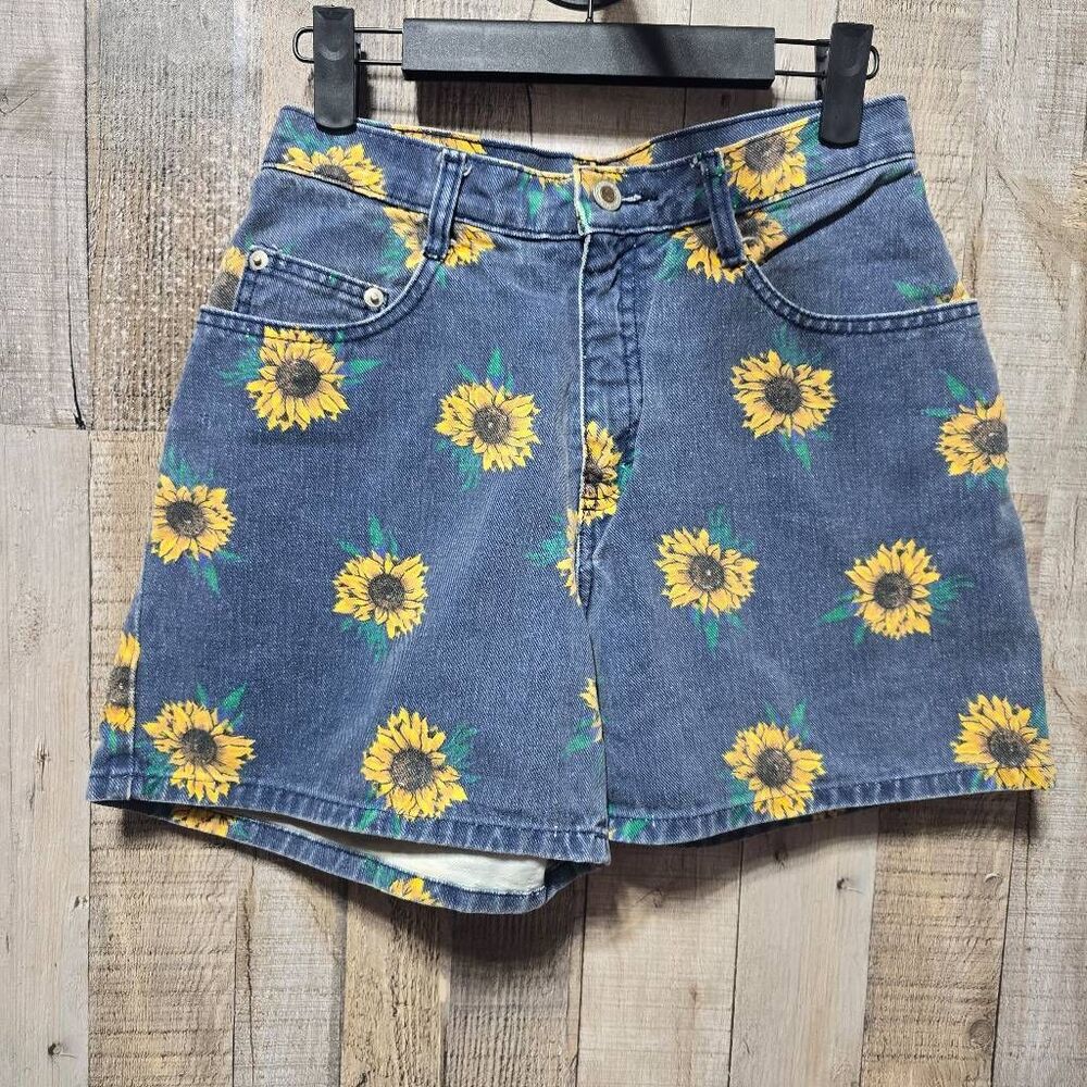 Cyclone Vintage 90s Sunflower Print Denim Jean Shorts 5 Retro Boho Festival Indi - Picture 1 of 4